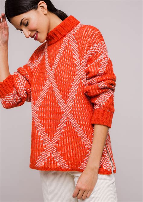 Orange Knit Sweater With Diamond Pattern