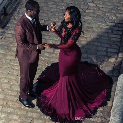 Burgundy Mermaid Prom Dresses 2020 African Sexy Black Lace Appliques