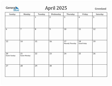 April 2025 Calendar With Greenland Holidays