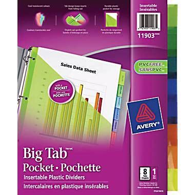 Tab dividers let you organize projects, personal documents, and more. Avery® Big Tab Insertable Plastic Dividers with Pockets, 8 ...