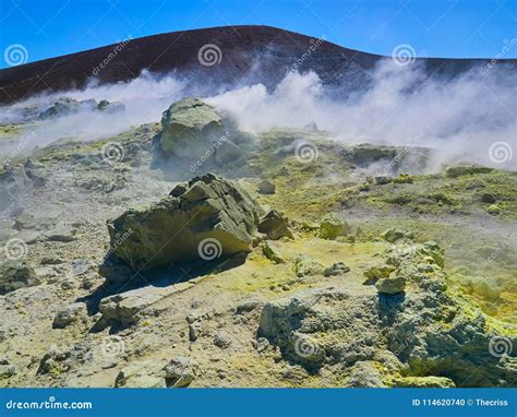 Sulphur Gas Coming Out Of The Edge Of The Volcanic Crater On The Vulcano Island In The Aeolian