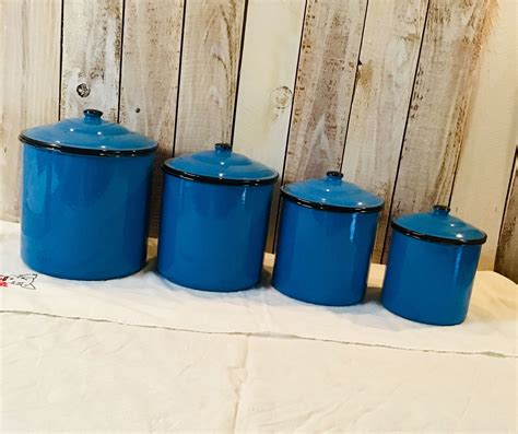 canisters set of 4 blue enamel canisters with black trim etsy enamel canisters vintage