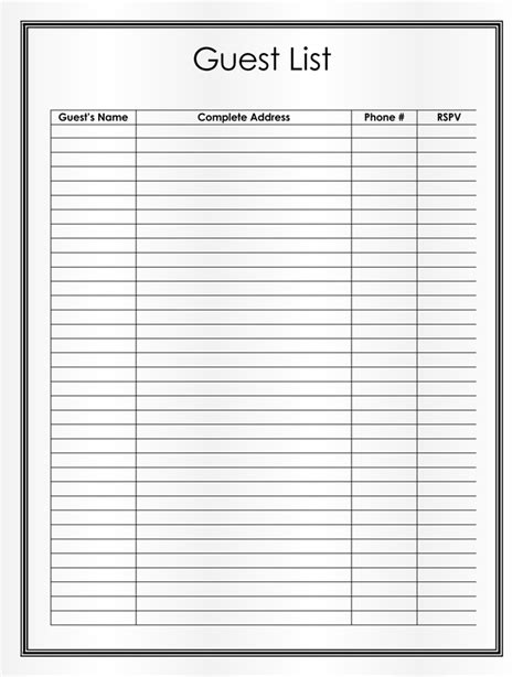 Free Printable Guest List Template