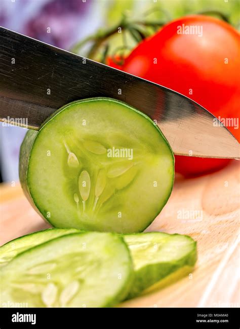 Preparing Cucumber Meaning Healthy Vegetarian And Chopping Stock Photo