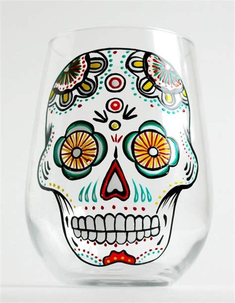 Items Similar To Sugar Skull Hand Painted Stemless Wine Glass D A De Muertos Day Of The