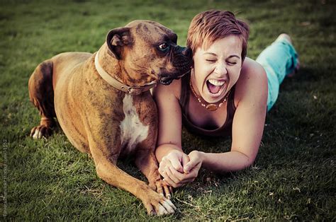 Boxer Dog Sniffing Laughing Womans Face By Tamara Pruessner Stocksy