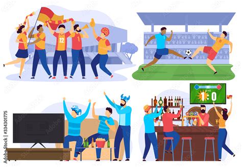 Soccer Players And Football Fans Cheering In Bar People Cartoon