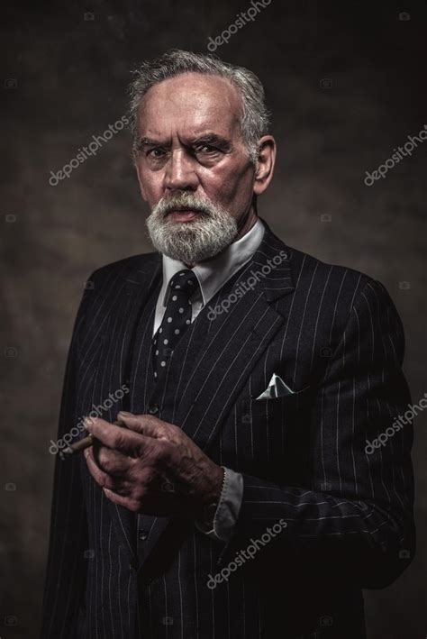 Cigar Smoking Characteristic Senior Business Man With Gray Hair Stock