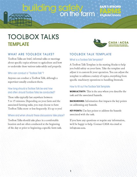 Toolbox Talks Template Canadian Agricultural Safety Association