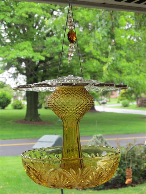 Large Amber Cut Glass Bird Feeder
