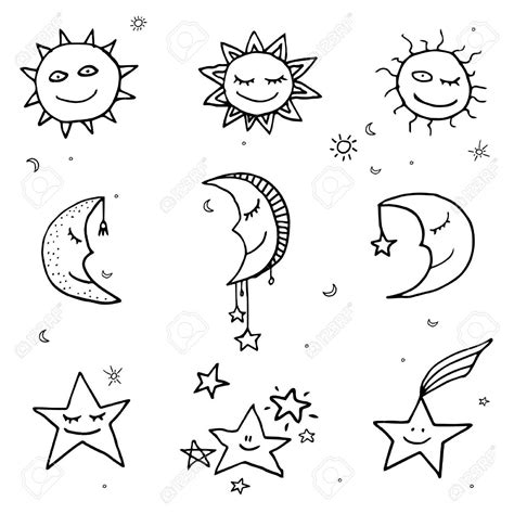 Cute And Funny Sun Moon And Stars Doodle Icons Vector Set Royalty Star Doodle Sun Doodles