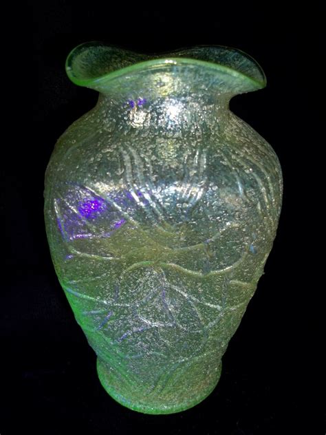 Antique Vaseline Carnival Glass Dugan Stippled Estate Frit Vase Early