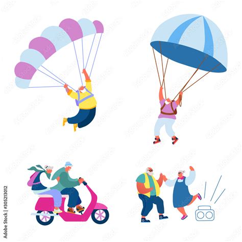 Elderly People Active Lifestyle Happy Aged Pensioner Characters Doing Extreme Sport Skydiving
