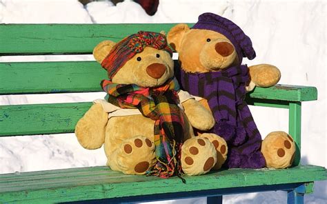 Bear Bench Cute Love Mood Romance Snow Teddy Toys Winter Hd