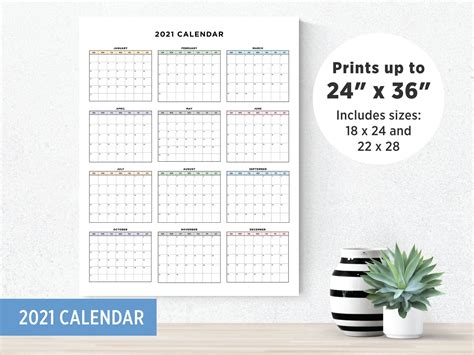 Printable 2021 Calendar Large Calendar At A Glance Etsy 2021