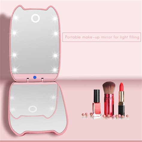 Women Led 180° Foldable Makeup Mirror Light Cosmetic Folding 2x Magnifying Mirror Flat Mirror