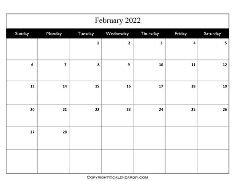 Blank February 2022 Calendar Printable Template Pdf Excel