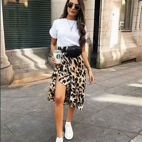Leopard Skirt Women Fashion Sexy Wrap Over Asymmetrical Calf Length