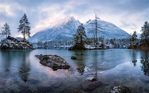 Lake Mountain Sunrise Nature Trees Frost Snow Forest Landscape