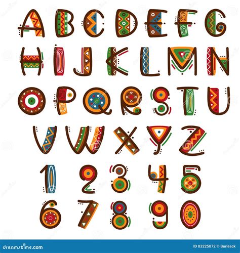 Fuente Primitiva étnica Africana Brillantemente Alfabeto Dibujado Mano