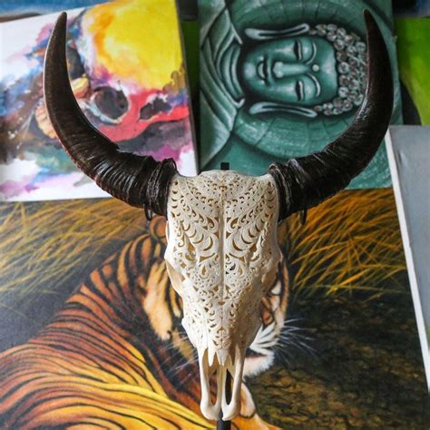 Cow skull decor skull art deer skulls animal skulls cool succulents painted cow skulls antler crafts buffalo this cow skull is decorated with silk succulents for a bright fresh look all year long. Amazon.com - Real COW SKULL with beautiful tribal Carving ...