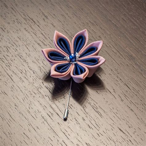 Wedding Flower Lapel Pin Dusty Roseblush And Navy Blue Kanzashi
