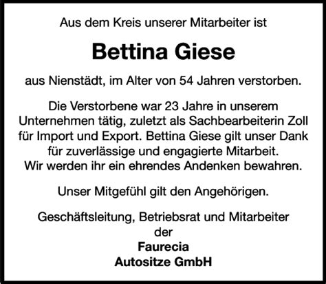 Traueranzeigen Von Bettina Giese Trauer Anzeigende