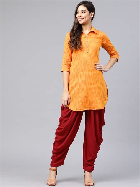 Buy Shree Women Mustard Yellow And Maroon Solid Kurta With Dhoti Pants Kurta Sets For Women