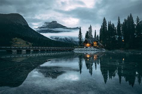 Hd Wallpaper Landscape Mountains Lagoon House Forest Reflection