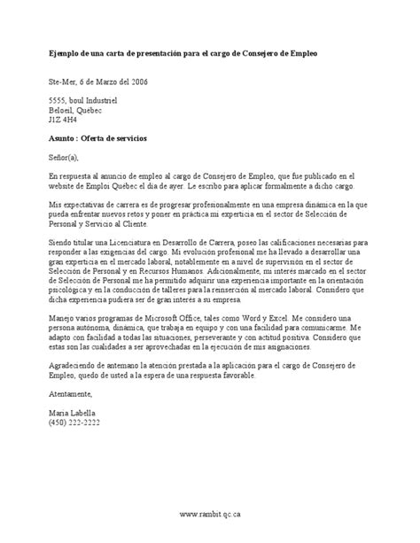 Ejemplo De Una Carta De Presentacion Para El Cargo De Consejero De Empleo
