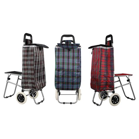Home Basics Plaid Rolling Shopping Cart With Foldable Built In Seat