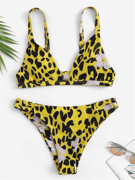 Shein Random Leopard Print Top With Ruched Bikini Set Bikinis Ruched