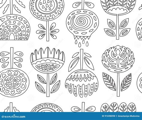 Outline Seamless Pattern With Scandinavian Flowers Stock Vector