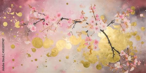 Pink Cherry Blossoms In Japanese Painting Style Lacquer Painting On