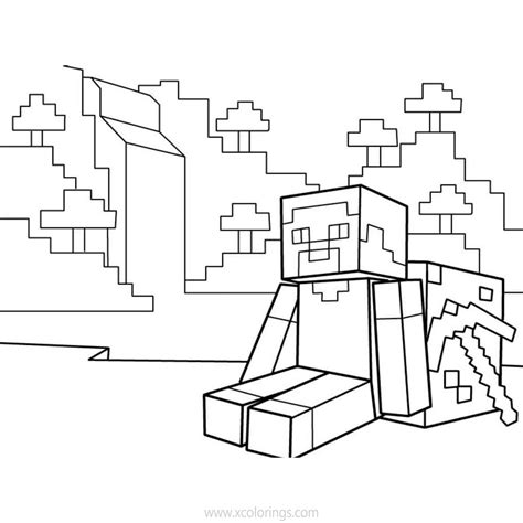 Minecraft Steve Coloring Pages With Ender Dragon And Wolf