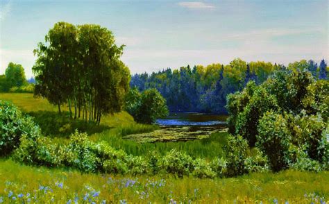 Green Reflection River Grass Forest Calmness Painting Pretty Flowers