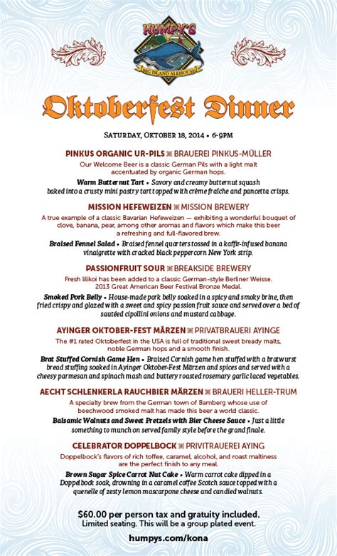 So don those lederhosen, lift a stein and let the party begin! Humpy's 4th Annual Oktoberfest Beer Dinner! - Humpys Big ...