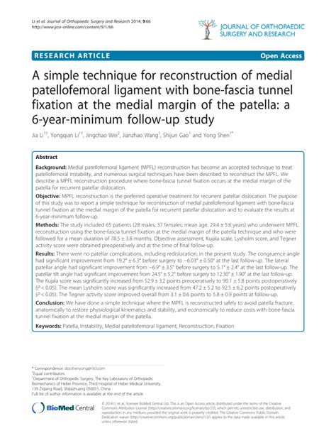 Pdf A Simple Technique For Reconstruction Of Medial Patellofemoral