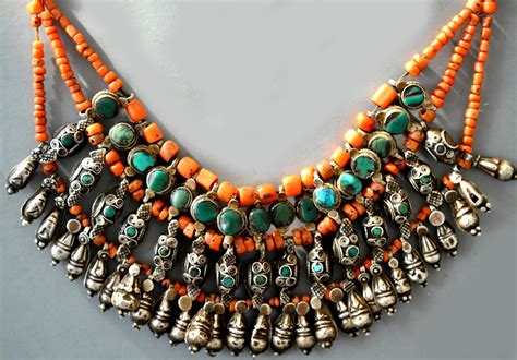 Collar Of Coral Set Turquoise And Silver Worn In Ladakh Northern