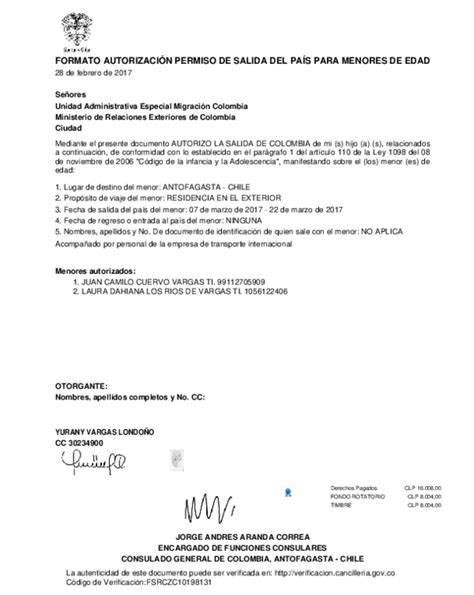 Pdf Formato AutorizaciÓn Permiso De Salida Del PaÍs Para Menores De