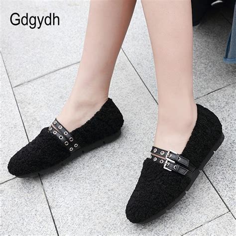 Buy Spring Loafers Shoes Women With Fur Flat Heel Sexy Rivets Mary