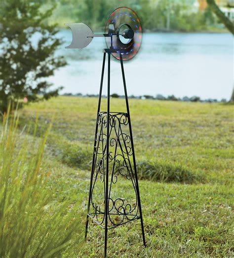 Led Garden Windmill With Decorative Metal Scrollwork Base Plow And Hearth