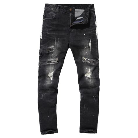 Good Quality Mens 100 Cotton Holes Slim Jeans New Fashion Male Multi Pocket Black Jeans Denim