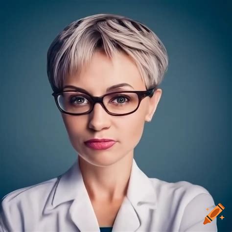Portrait Of A Beautiful Woman With Short Blonde Hair And Glasses On Craiyon