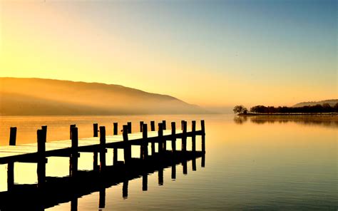 Download Wallpaper 2560x1600 Lake Pier Fog Sunset Dusk Widescreen