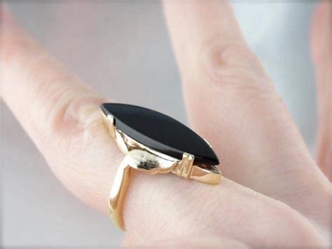 Vintage Black Onyx Ring Long Marquise Shape In Yellow Gold Setting