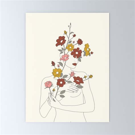 Colorful Thoughts Minimal Line Art Woman With Wild Roses Mini Art Print