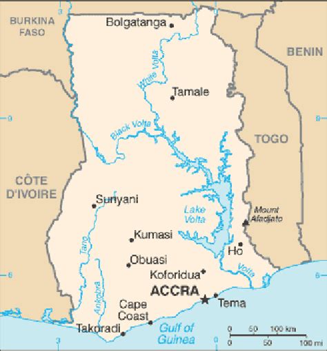 Map Of Ghana Showing Major Towns And Water Bodies