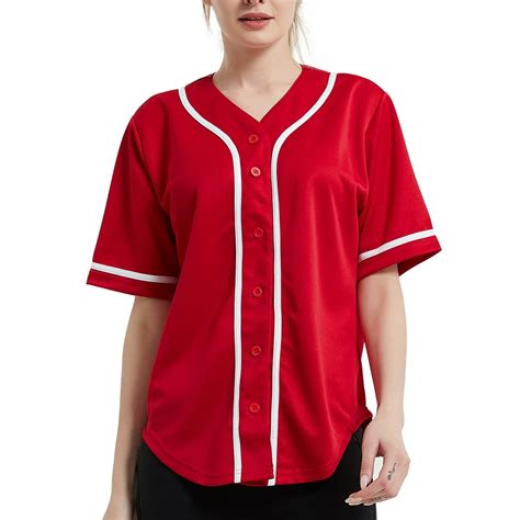 Toptie Toptie Women Baseball Jersey Hip Hop Hipster Button Down Baseball T Shirt Red White 2xl