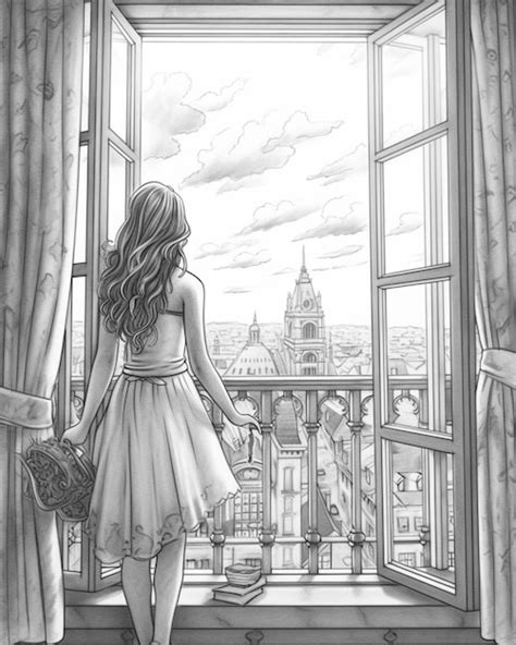 Premium Ai Image Arafed Drawing Of A Girl Looking Out A Window At A